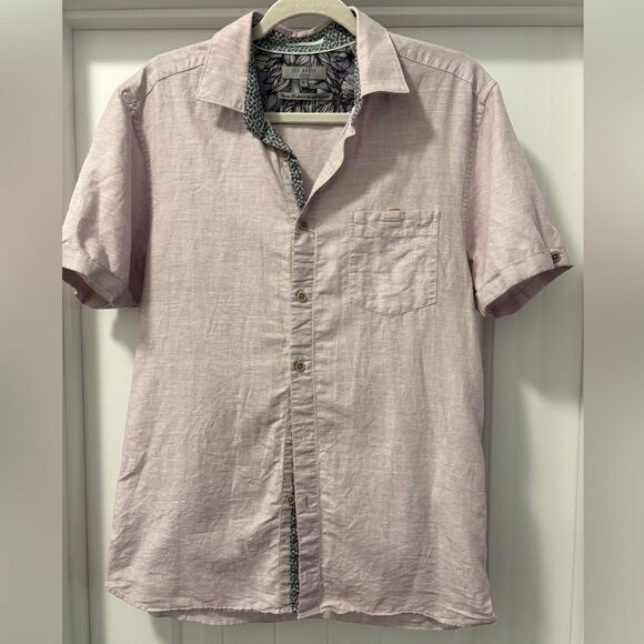Ted Baker Men's Light Lavender Short Sleeve Shirt Linen Cotton Blend Size 4 or L - Picture 1 of 5